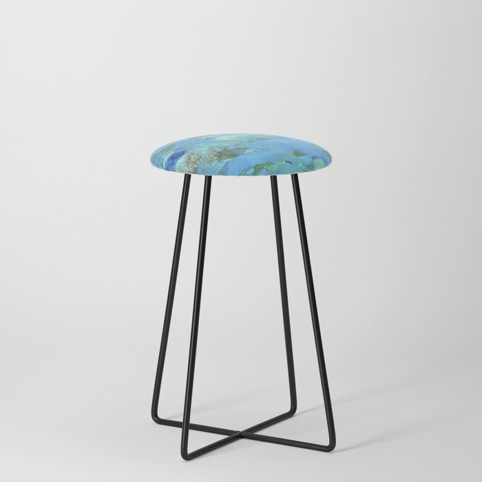 African Dye - Colorful Ink Paint Abstract Ethnic Tribal Organic Shape Art Teal Turquoise Counter Stool