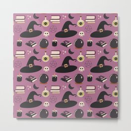 WITCHY PATTERN (PURPLE BACKGROUND) Metal Print | Card, Luna, Pumpkin, Halloween, Graphicdesign, Moon, Mystical, 31October, Boo, Happyhalloween 