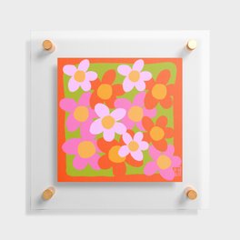 Cheerful Spring Flowers 70’s Retro Green on Red Floating Acrylic Print