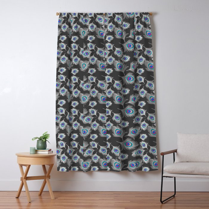 Silver Gray Grey Peacock Feathers On Dark Gray Blackout Curtain