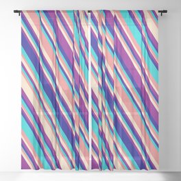 [ Thumbnail: Light Coral, Bisque, Purple, Dark Blue, and Dark Turquoise Colored Lined/Striped Pattern Sheer Curtain ]