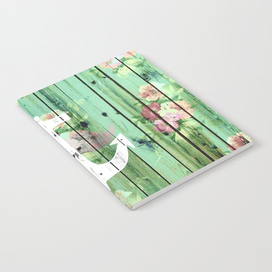 Vintage Floral Nautical Anchor Green Beach Wood Notebook
