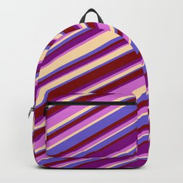 [ Thumbnail: Eyecatching Purple, Orchid, Tan, Slate Blue & Maroon Colored Lined Pattern Backpack ]