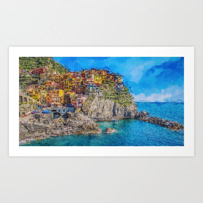 Cinque Terre, Northern Italian Mediterranean coastline nautical maritime ocean landscape cityscape painting Art Print