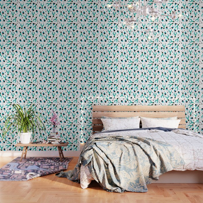 Summer Tropical Hand Painted Green Turquoise Cactus Polka Dots Pattern Wallpaper