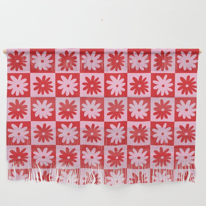 Pink & Red Checkerboard Flower Pattern Wall Hanging