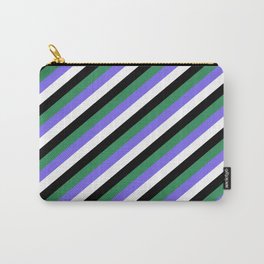 [ Thumbnail: Sea Green, Medium Slate Blue, White & Black Colored Striped/Lined Pattern Carry-All Pouch ]