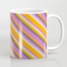 [ Thumbnail: Dim Gray, Orchid, Light Gray & Orange Colored Lined Pattern Coffee Mug ]