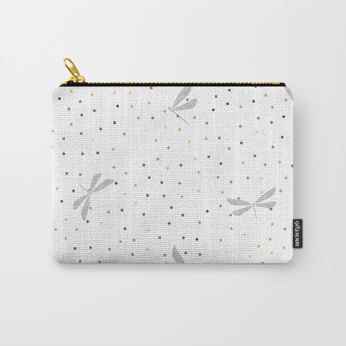 Silver Dragonfly Christmas seamless pattern and Gold Confetti on White Background Carry-All Pouch