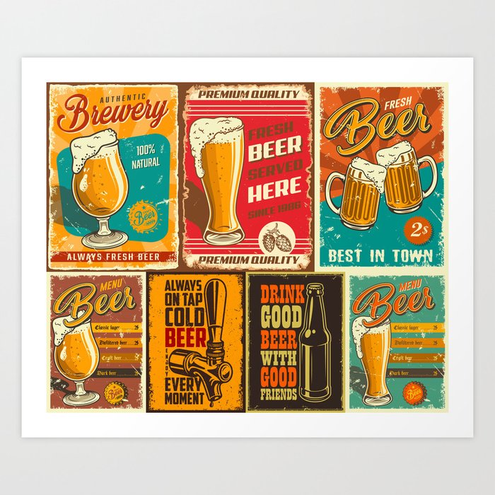 Set of beer poster in vintage style with grunge textures and beer objects Art Print