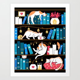 Library cats - ocean blue and raspberry red Art Print