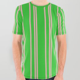 [ Thumbnail: Light Pink & Lime Green Colored Lined Pattern All Over Graphic Tee ]