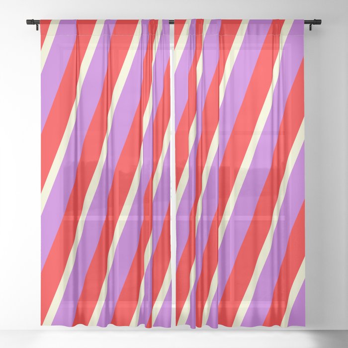 Orchid, Red & Light Yellow Colored Lined/Striped Pattern Sheer Curtain