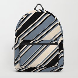 [ Thumbnail: Beige, Black & Light Slate Gray Colored Stripes/Lines Pattern Backpack ]