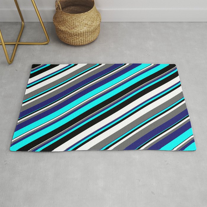 Aqua, Black, White, Dim Gray & Midnight Blue Colored Stripes/Lines Pattern Rug
