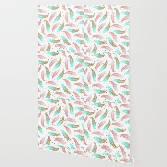 Bohemian Pink Teal Gold Glitter Feathers Polka Dots Wallpaper By
