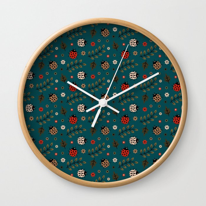 Ladybug and Floral Seamless Pattern on Teal Blue Background Wall Clock