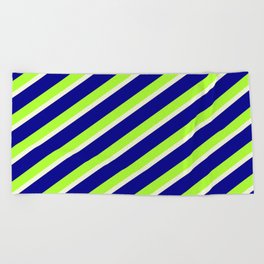 [ Thumbnail: Dark Blue, Light Green, and Beige Colored Striped Pattern Beach Towel ]