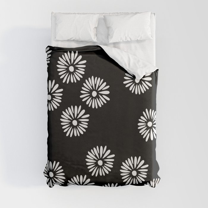Japanese simple and minimal daisy pattern on black Duvet Cover