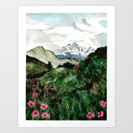 Field of flowers and mountains dreamy watercolor, landscape painting Art Print