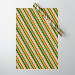 [ Thumbnail: Dark Khaki, Light Pink, Dark Olive Green, Dark Orange, and Dark Green Colored Lined/Striped Pattern Wrapping Paper ]