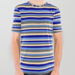 [ Thumbnail: Beige, Dark Blue, Cornflower Blue, and Dim Gray Colored Stripes Pattern All Over Graphic Tee ]