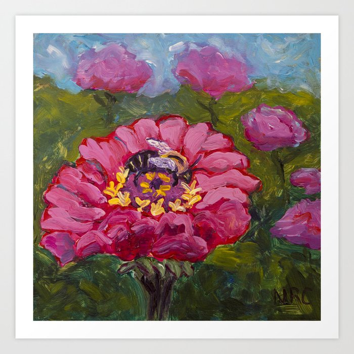 Image of my painting of a bright pink flower with Bee Art Print