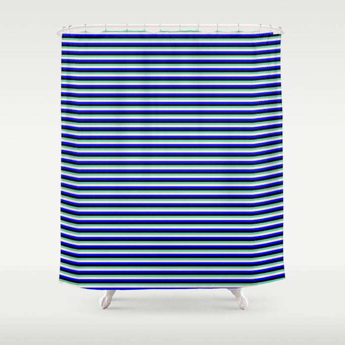 Aquamarine, Beige, Blue & Black Colored Lines Pattern Shower Curtain