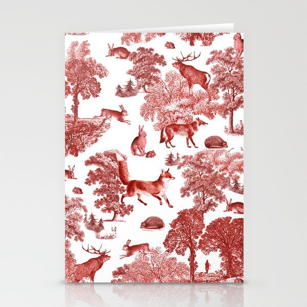 Elegant Red Fox Deer Rabbit in Woodland Toile Pattern Stationery Cards
