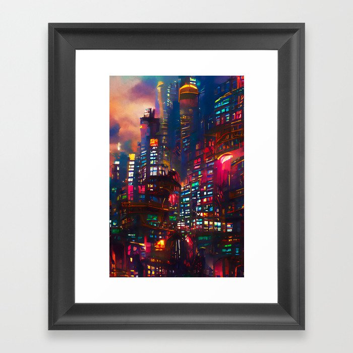 Cyberpunk Cityscape Framed Art Print