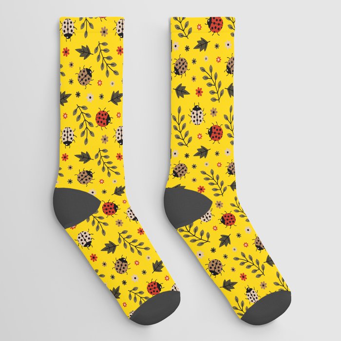 Ladybug and Floral Seamless Pattern on Yellow Background Socks
