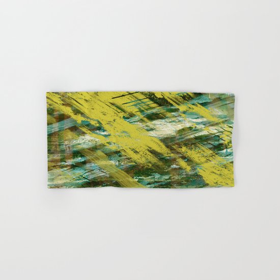 Hidden Meaning - Abstract, oil painting in yellow, green, blue, white and brown Hand & Bath Towel