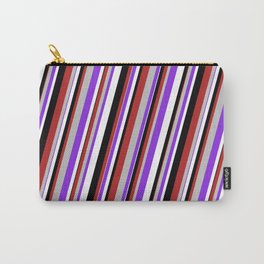 [ Thumbnail: Red, Grey, Purple, White & Black Colored Striped Pattern Carry-All Pouch ]