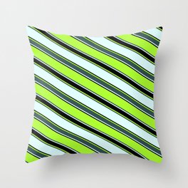 [ Thumbnail: Light Green, Dark Slate Gray, Light Cyan, and Black Colored Striped Pattern Throw Pillow ]