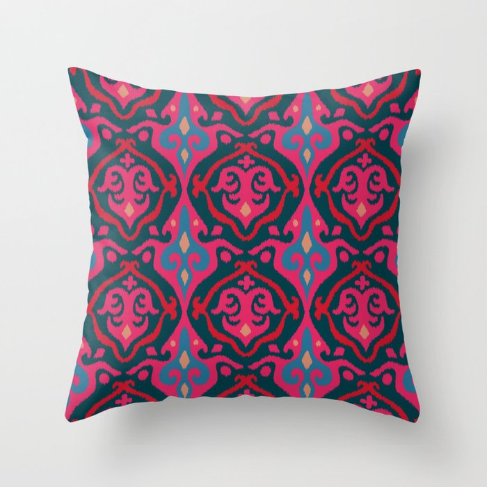 JAVA Boho Ikat Woven Texture in Exotic Fuchsia Pink Red Blue on Dark Teal - UnBlink Studio by Jackie Tahara Throw Pillow