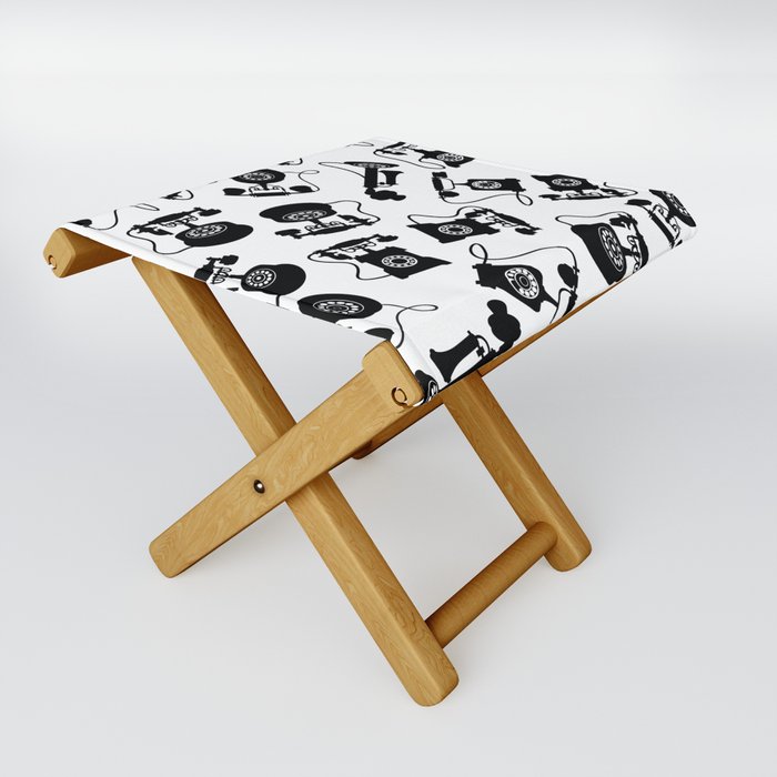 Black Vintage Rotary Dial Telephone Pattern on White Folding Stool