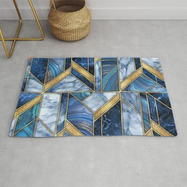 Art Deco Gold + Midnight Blue Marble Abstract Geometry Area & Throw Rug
