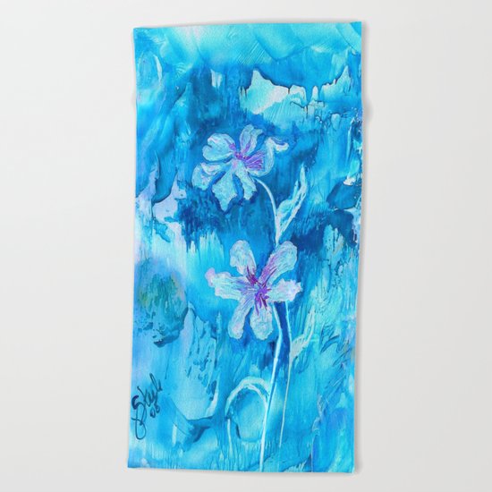 Blue encaustic flowers Beach Towel