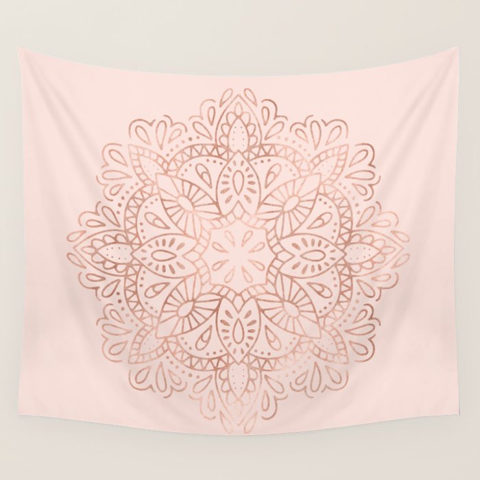 Mandala Rose Gold Pink Shimmer on Blush Pink Wall Tapestry by Nature Magick Society6