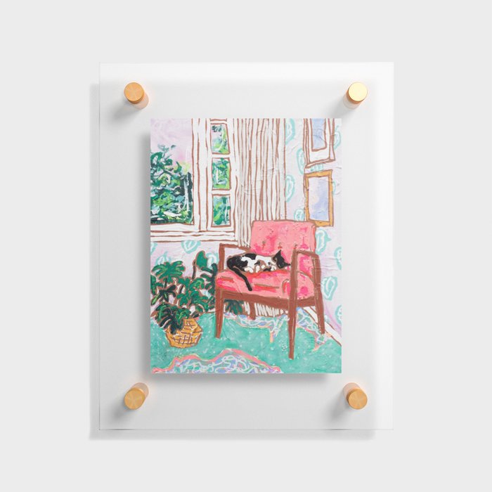 Little Naps - Tuxedo Cat Napping in a Pink Mid-Century Chair by the Window Floating Acrylic Print