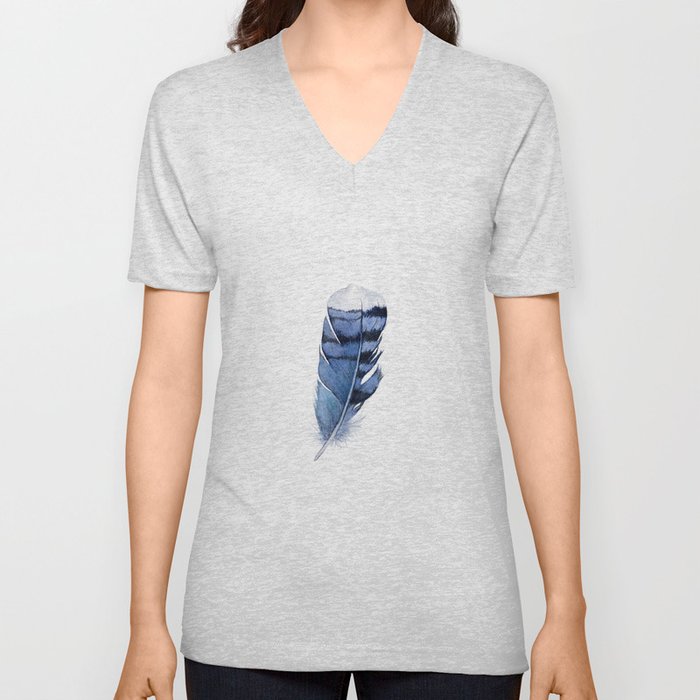 Blue Feather, Blue Jay Feather, Watercolor Feather, Art Watercolor Painting by Suisai Genki V Neck T Shirt