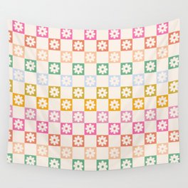 Flowers Rainbow Checkerboard Pattern Wall Tapestry