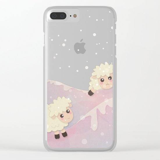 Cartoon Baby Sheep, Red Violet Snowy Bokeh Background Clear iPhone Case