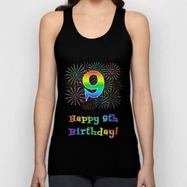 [ Thumbnail: 9th Birthday - Fun Rainbow Spectrum Gradient Pattern Text, Bursting Fireworks Inspired Background Tank Top ]