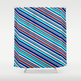 [ Thumbnail: Powder Blue, Red, Aqua, and Blue Colored Lined Pattern Shower Curtain ]