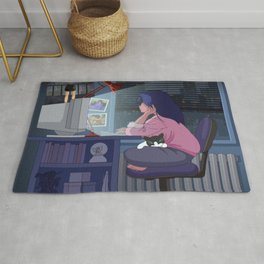 Retro Anime Girl on Computer with Cat Rug