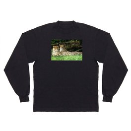 Two Cheetahs Lounging in Grass in Front of Log, Grunge Photograph Long Sleeve T Shirt