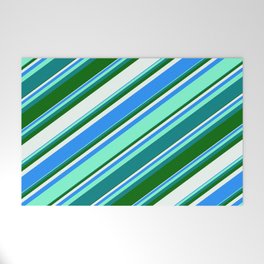 [ Thumbnail: Colorful Blue, Aquamarine, Teal, Dark Green, and Mint Cream Colored Lines/Stripes Pattern Welcome Mat ]
