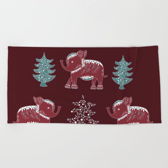 Elephants, trees and flowers Beach Towel