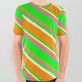 [ Thumbnail: Light Yellow, Dark Orange, Orchid, and Lime Colored Lined Pattern All Over Graphic Tee ]
